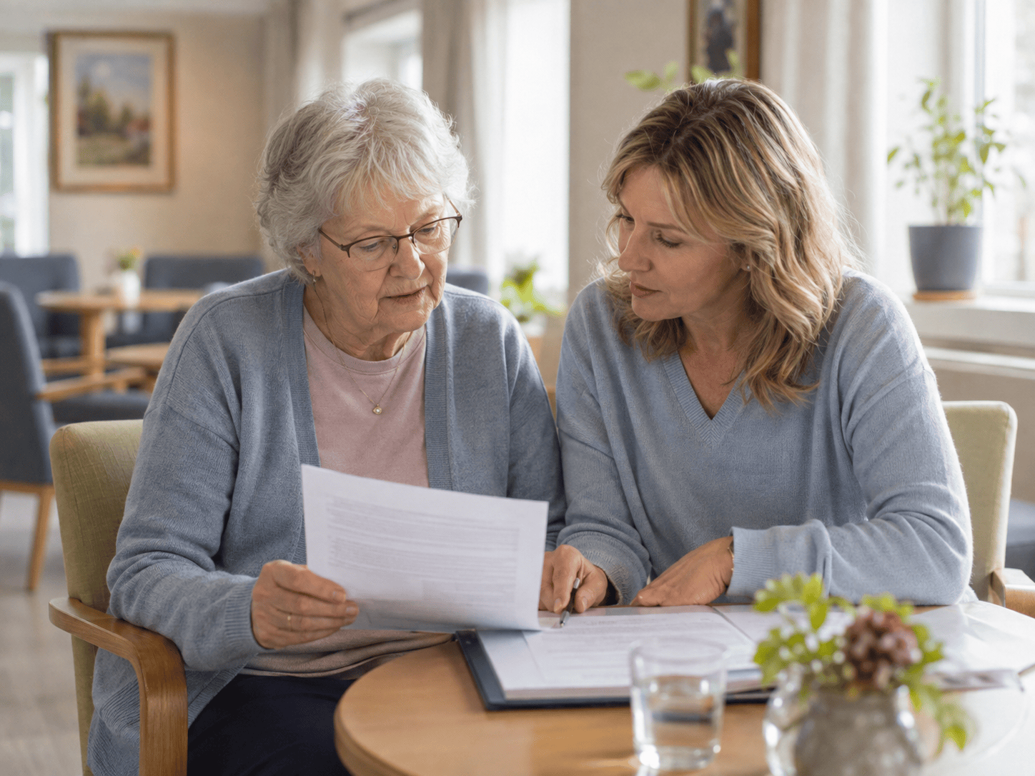 Angehörige besprechen Kosten und Eigenanteil eines Pflegeheims