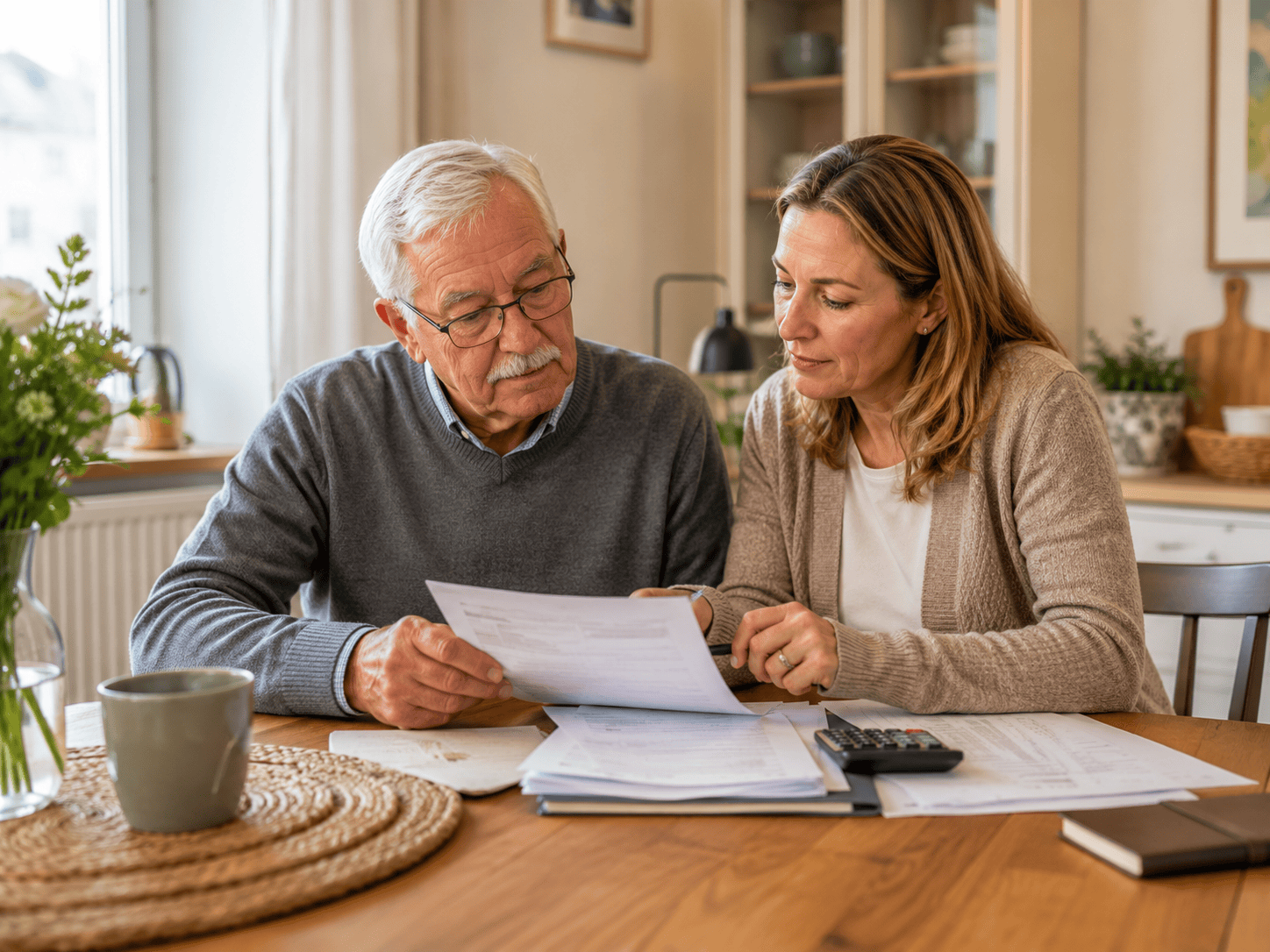 Angehörige ordnen Unterlagen und besprechen die Finanzierung von Pflegekosten