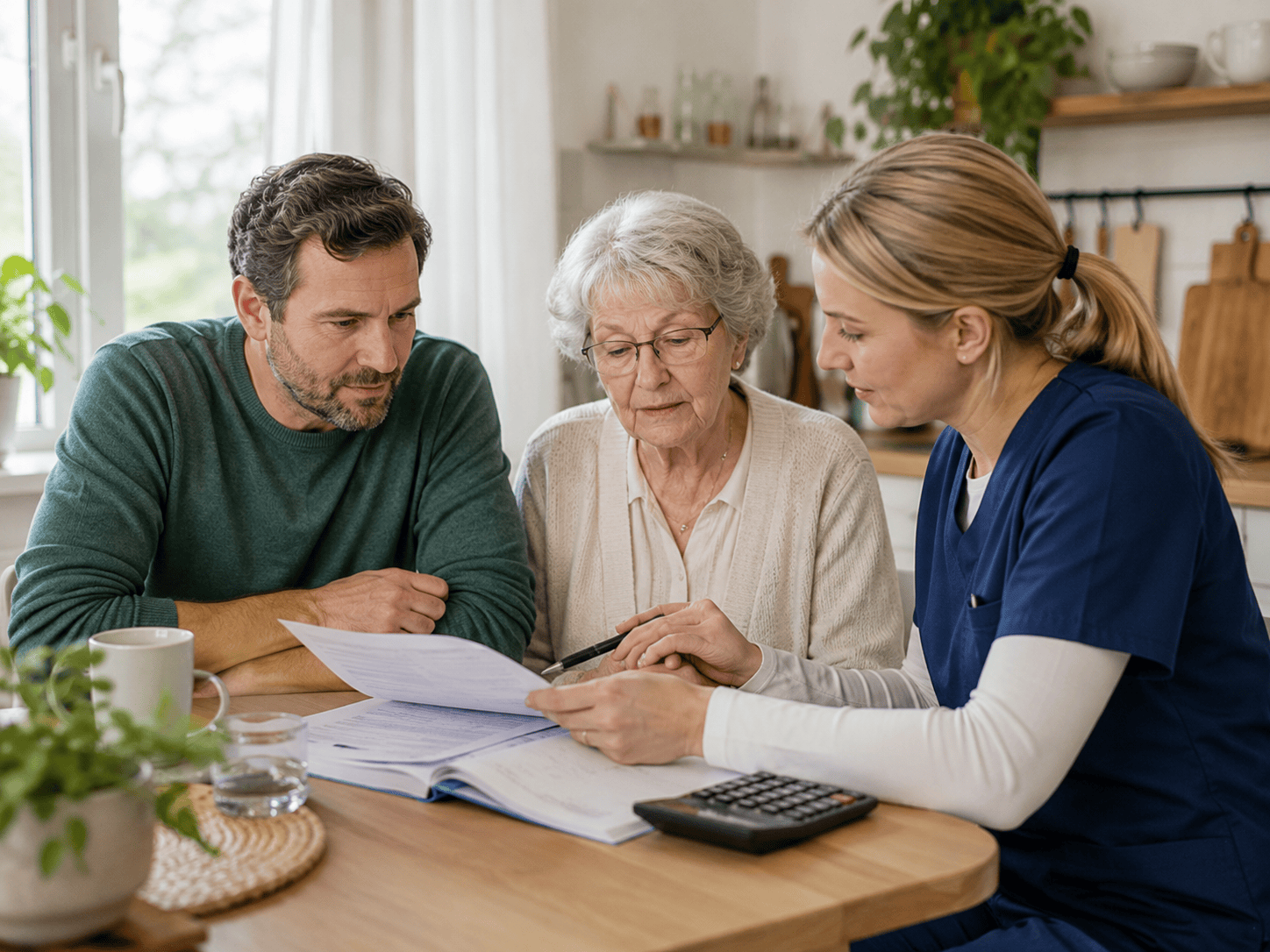 Angehörige und ältere Person besprechen Unterstützung und Pflegekosten zu Hause