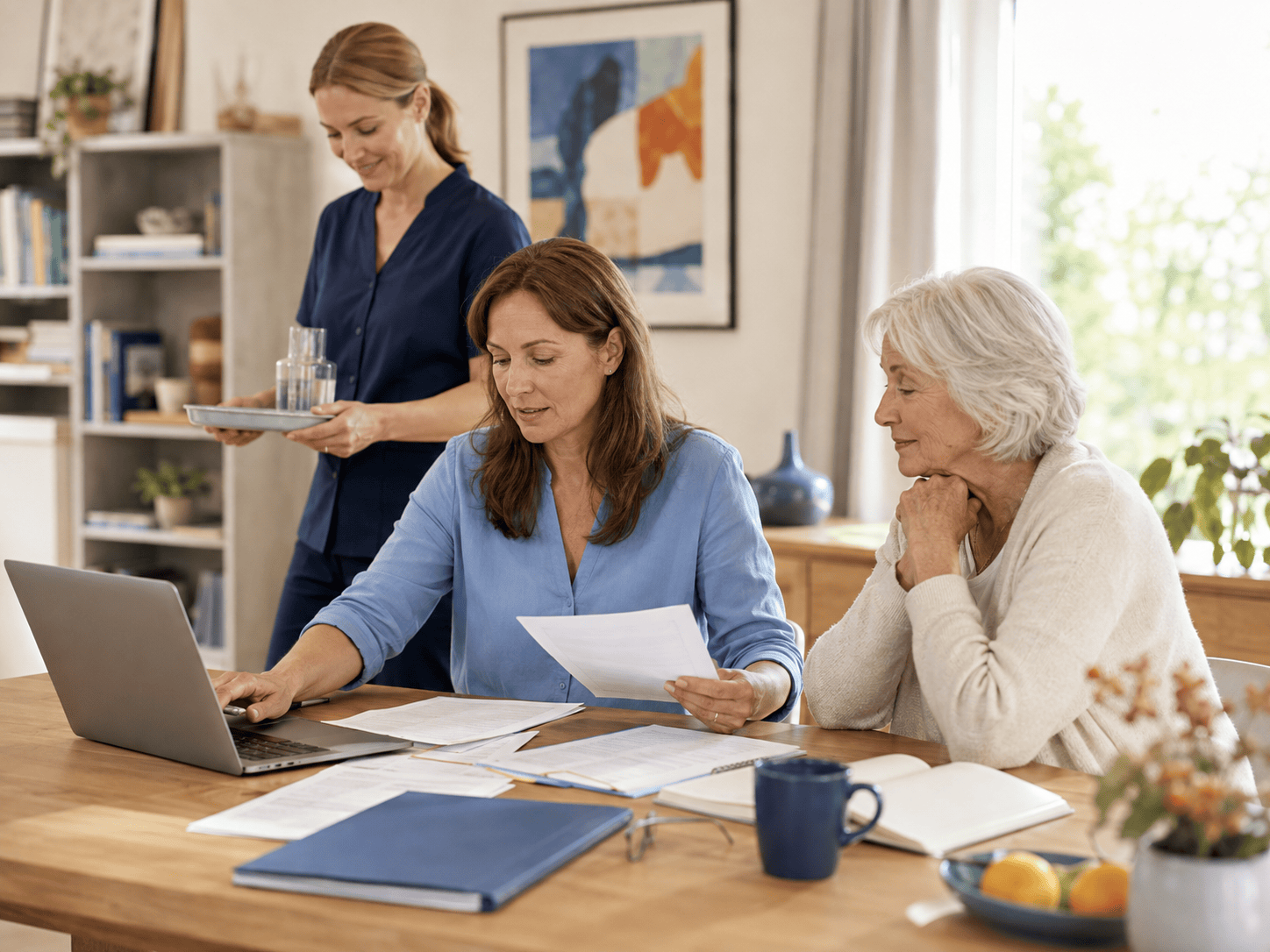 Familie organisiert Unterlagen und Arbeitgeberaufgaben bei einer direkt angestellten Betreuungskraft
