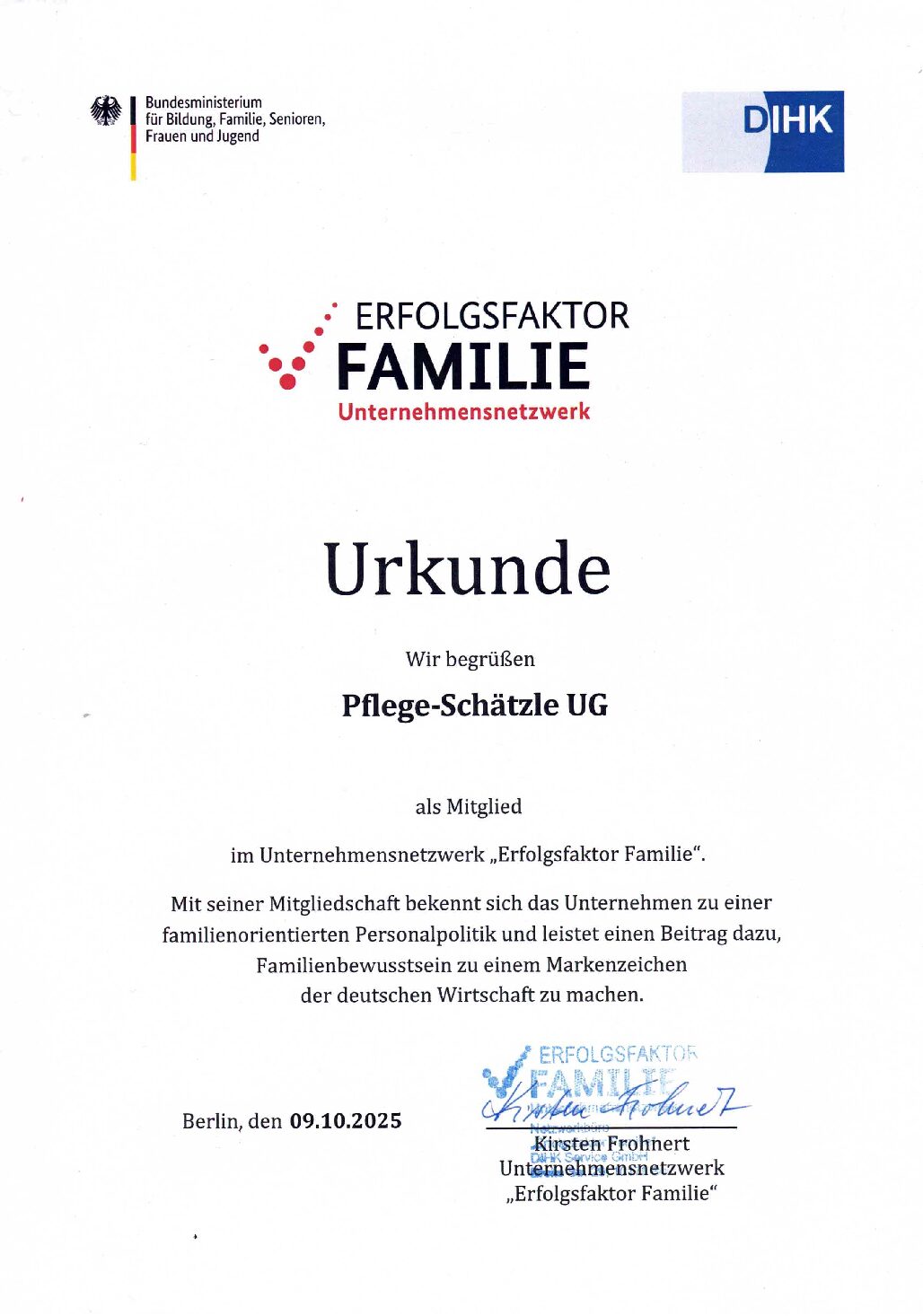 Erfolgsfaktor Familie – Urkunde
