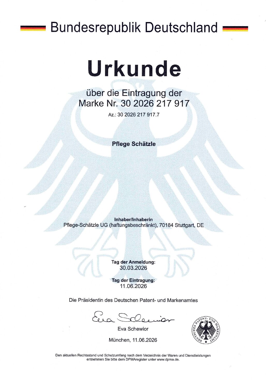 Urkunde zur Eintragung der Marke