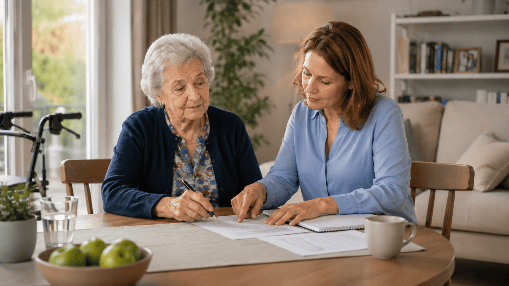 Seniorin und Angehörige besprechen Unterlagen zur Begutachtung bei Pflegegrad 5