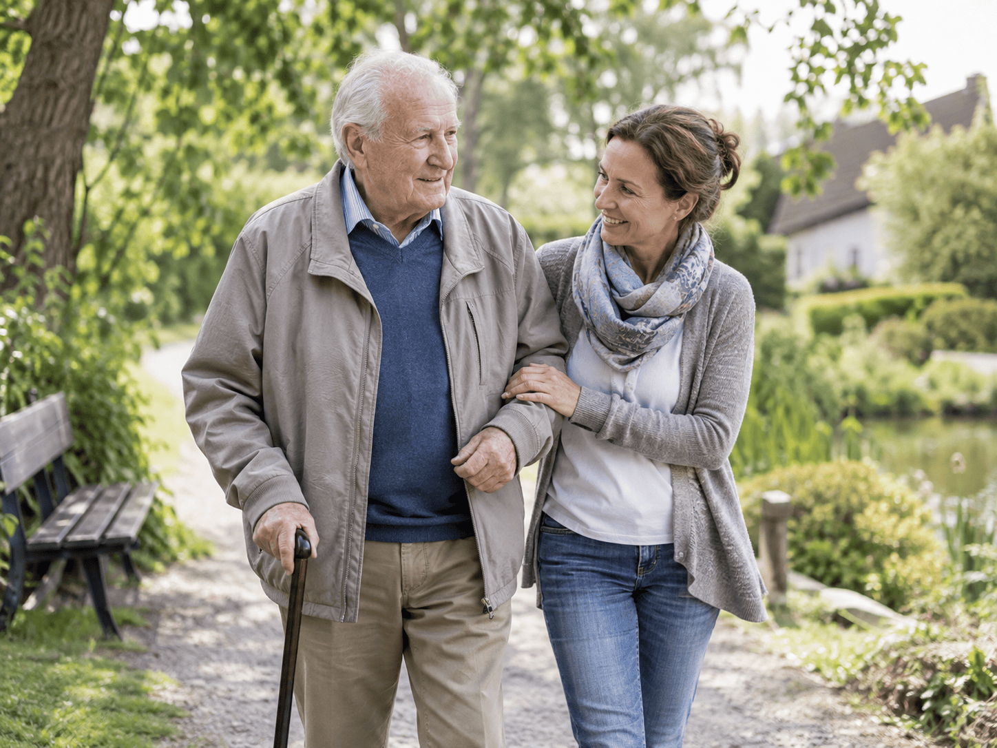 Ältere Person mit Begleitperson bei einem gemeinsamen Spaziergang im Alltag